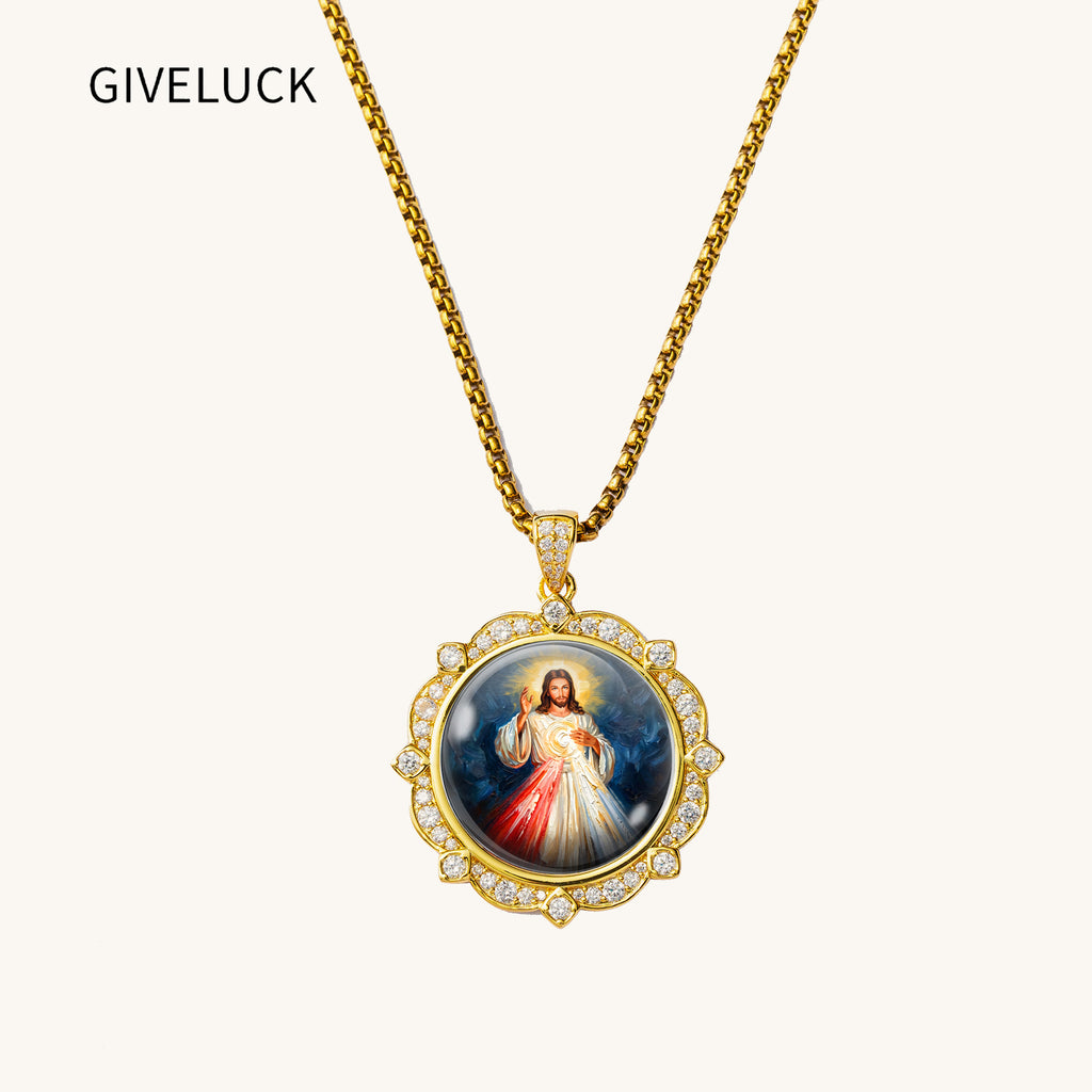 Divine Mercy Jesus Necklace, 18K Gold Plated Enamel Pendant, Zircon Accents Catholic Jewelry