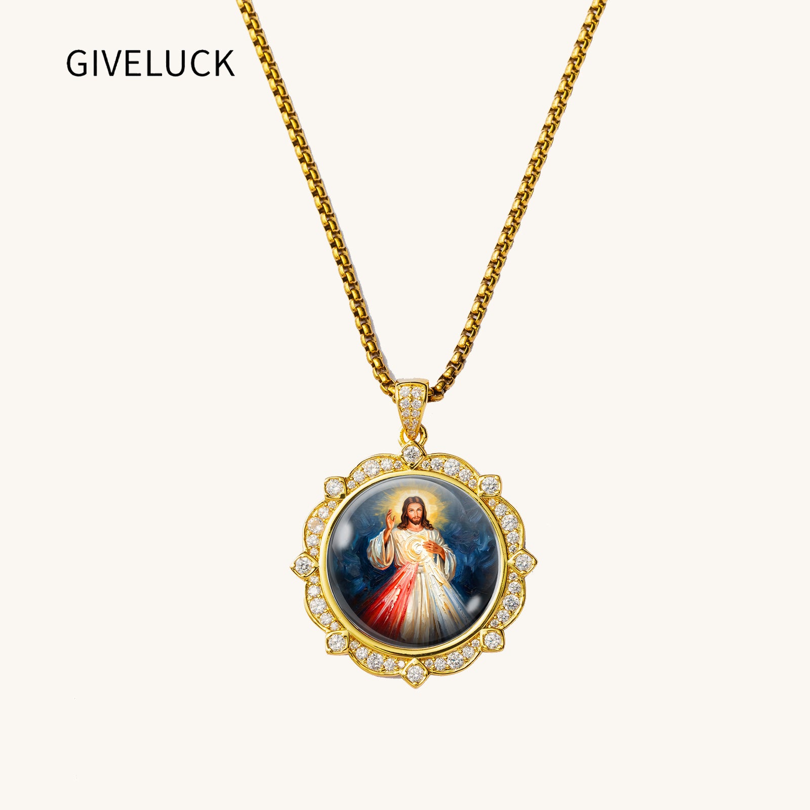 Divine Mercy Jesus Necklace, 18K Gold Plated Enamel Pendant, Zircon Accents Catholic Jewelry