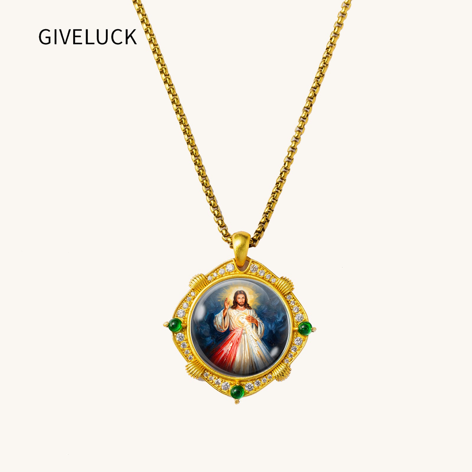 Divine Mercy Jesus Necklace, 18K Gold Plated Enamel Pendant, Zircon Accents Catholic Jewelry