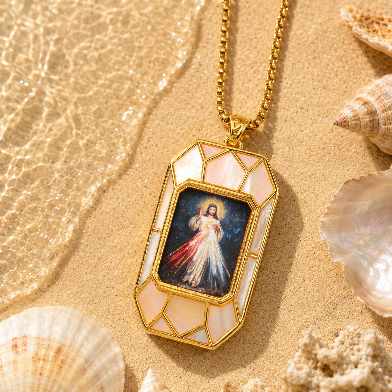 Divine Mercy Jesus Pendant Necklace, 18K Gold Plated, Turquoise or Mother of Pearl Inlay