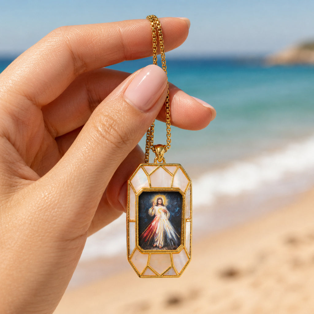 Divine Mercy Jesus Pendant Necklace, 18K Gold Plated, Turquoise or Mother of Pearl Inlay