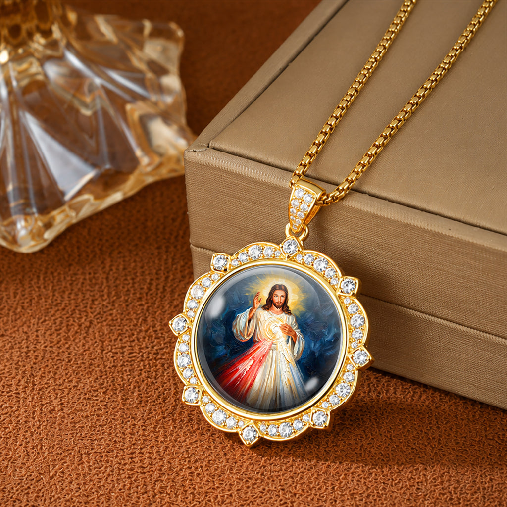 Divine Mercy Jesus Necklace, 18K Gold Plated Enamel Pendant, Zircon Accents Catholic Jewelry