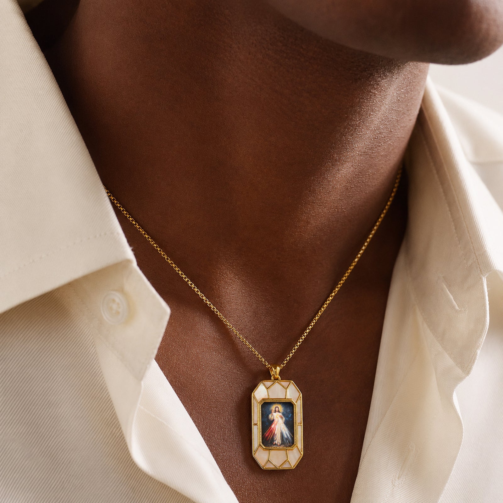 Divine Mercy Jesus Pendant Necklace, 18K Gold Plated, Turquoise or Mother of Pearl Inlay