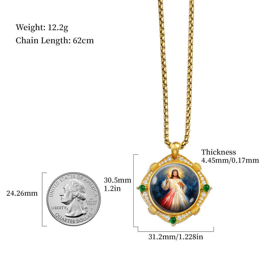 Divine Mercy Jesus Necklace, 18K Gold Plated Enamel Pendant, Zircon Accents Catholic Jewelry