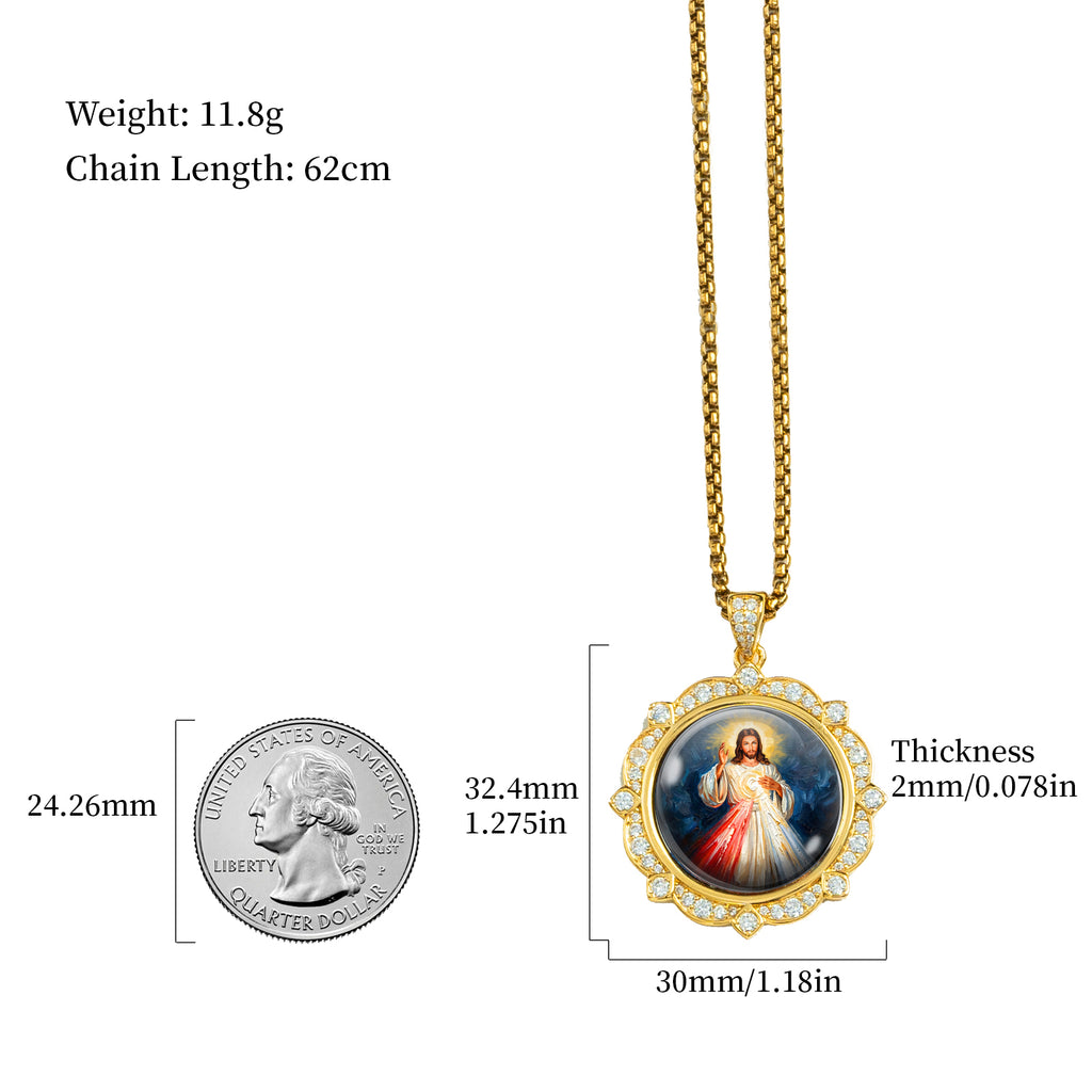 Divine Mercy Jesus Necklace, 18K Gold Plated Enamel Pendant, Zircon Accents Catholic Jewelry