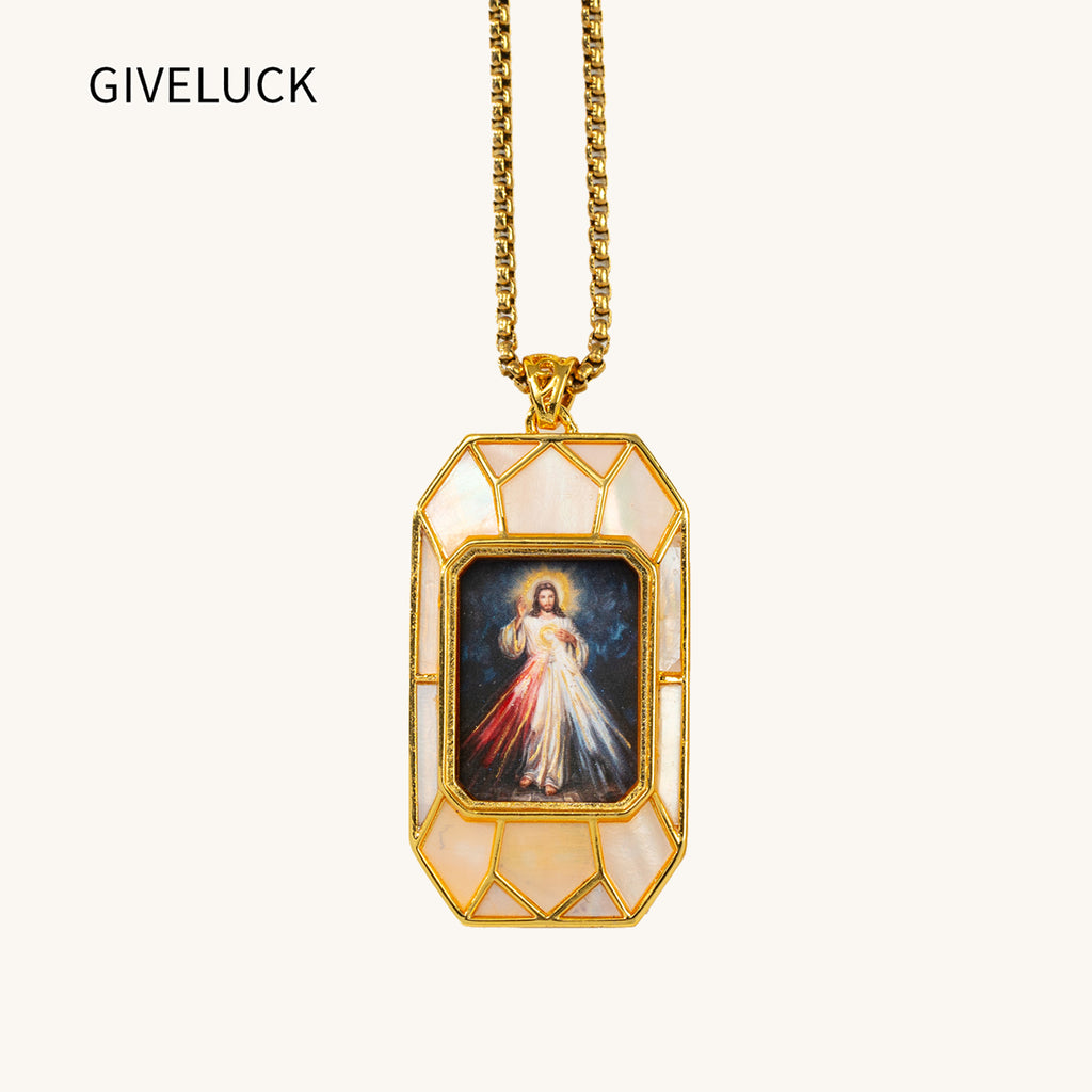 Divine Mercy Jesus Pendant Necklace, 18K Gold Plated, Turquoise or Mother of Pearl Inlay