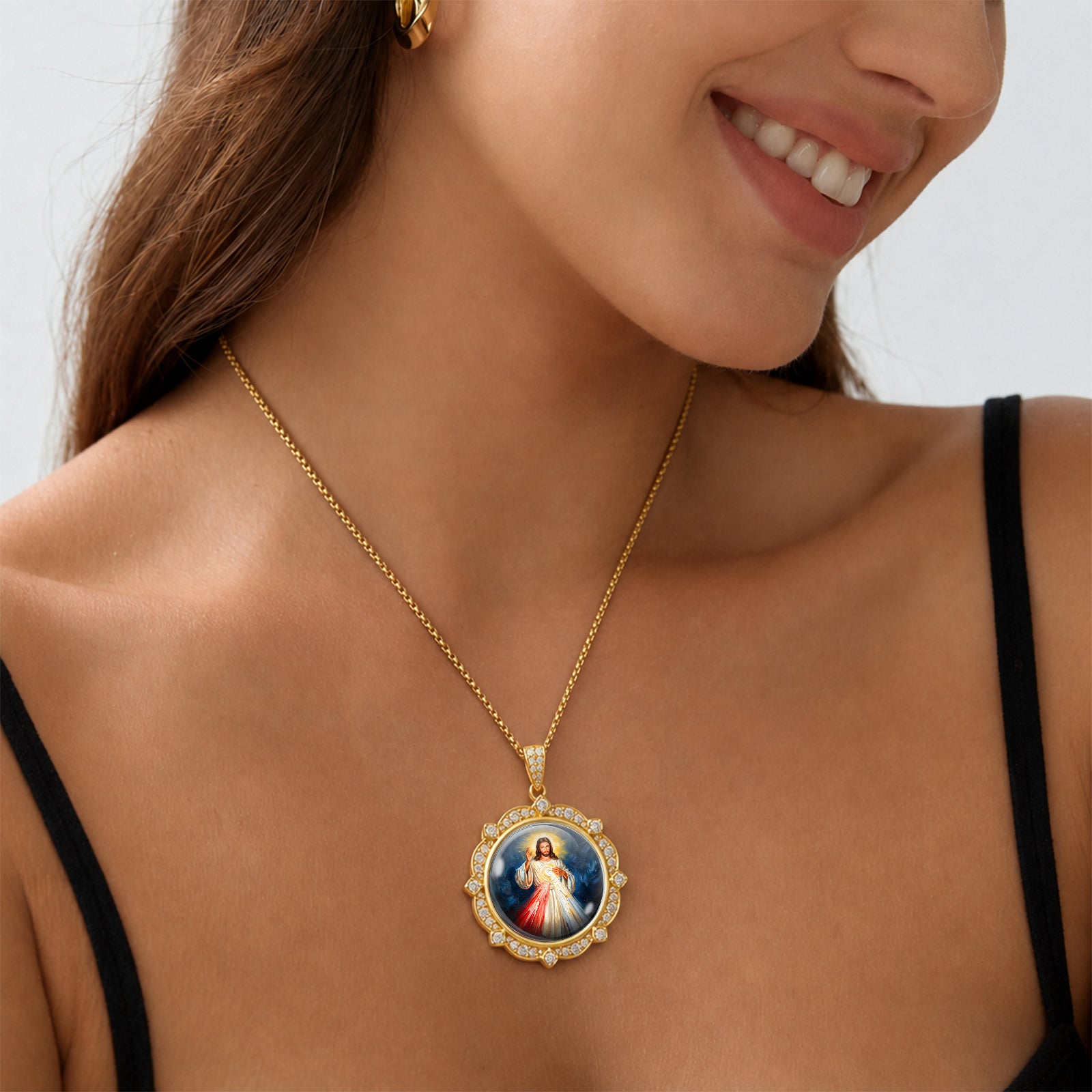 Divine Mercy Jesus Necklace, 18K Gold Plated Enamel Pendant, Zircon Accents Catholic Jewelry