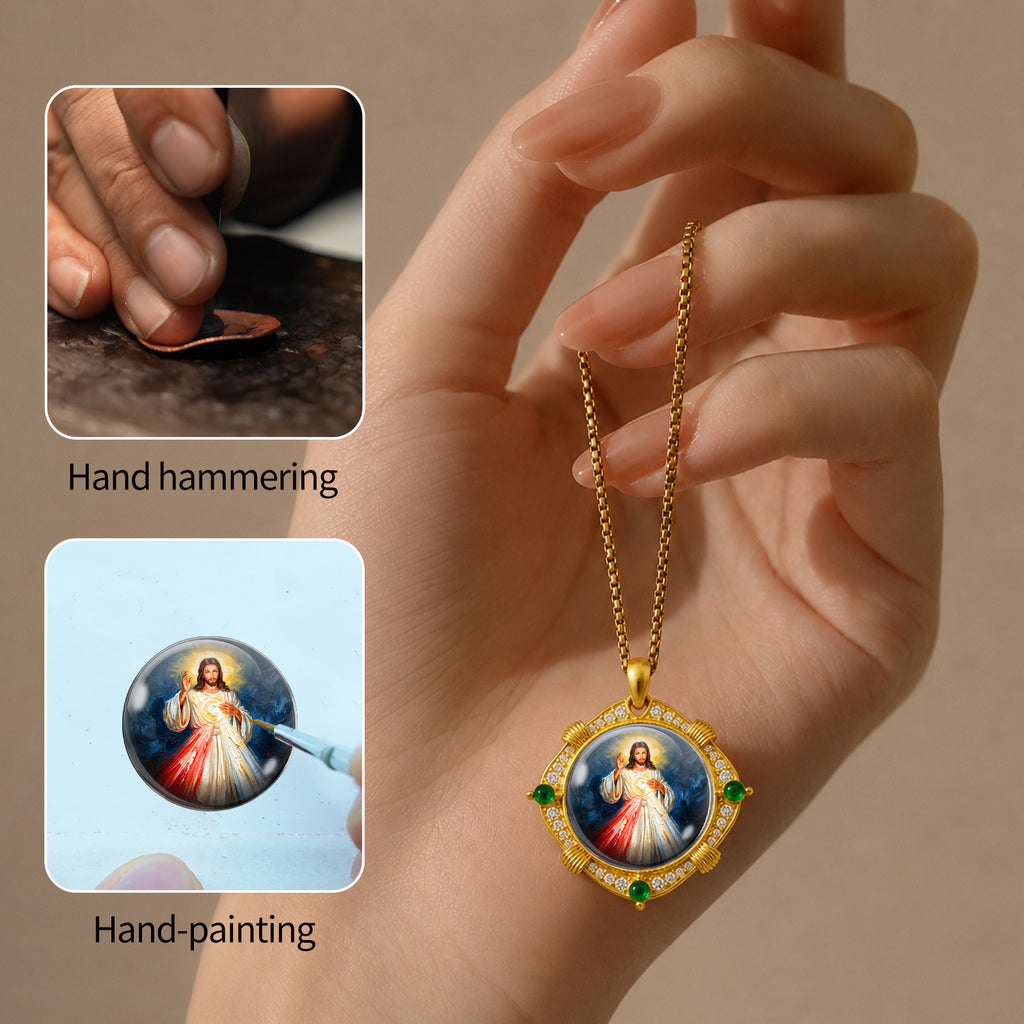 Divine Mercy Jesus Necklace, 18K Gold Plated Enamel Pendant, Zircon Accents Catholic Jewelry
