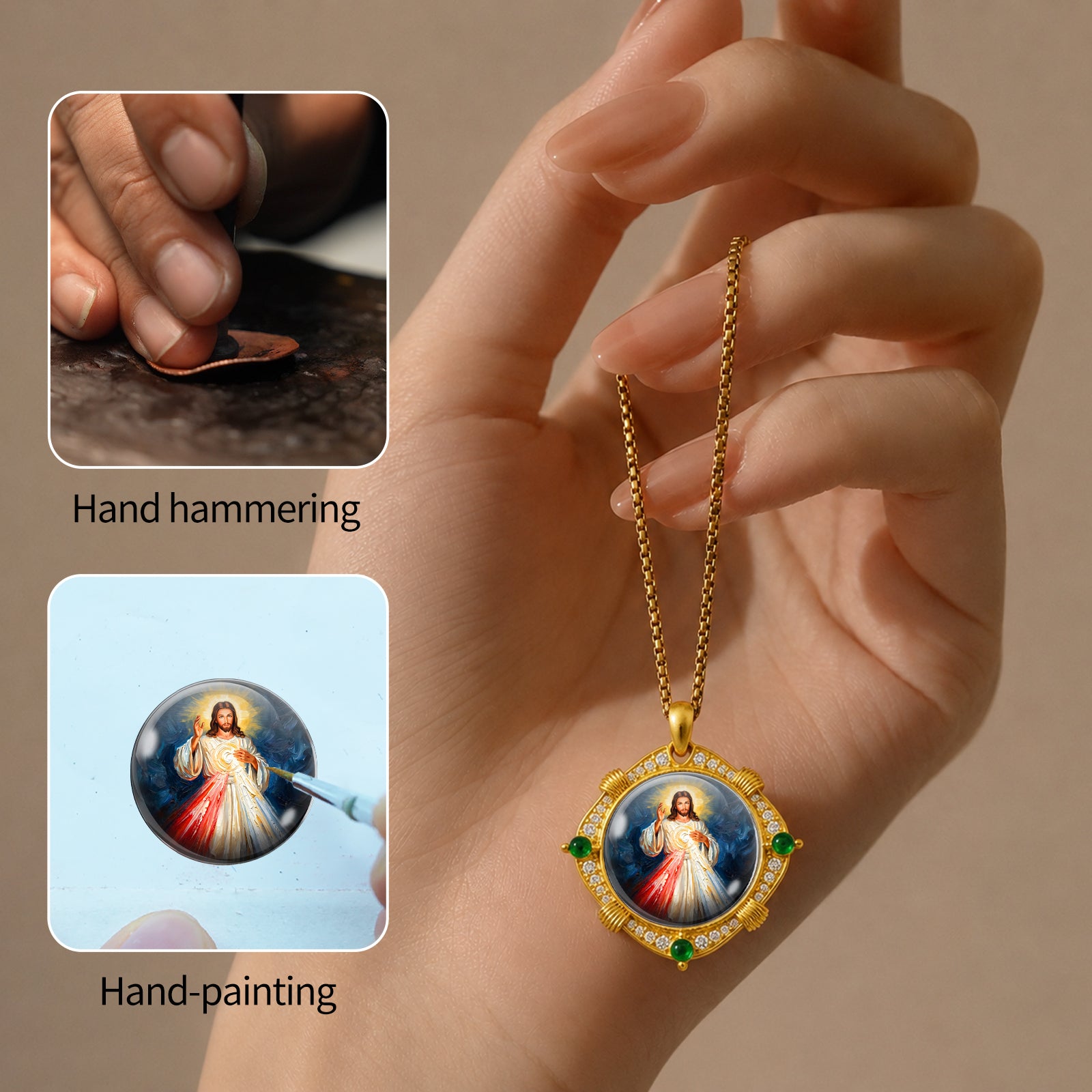 Divine Mercy Jesus Necklace, 18K Gold Plated Enamel Pendant, Zircon Accents Catholic Jewelry