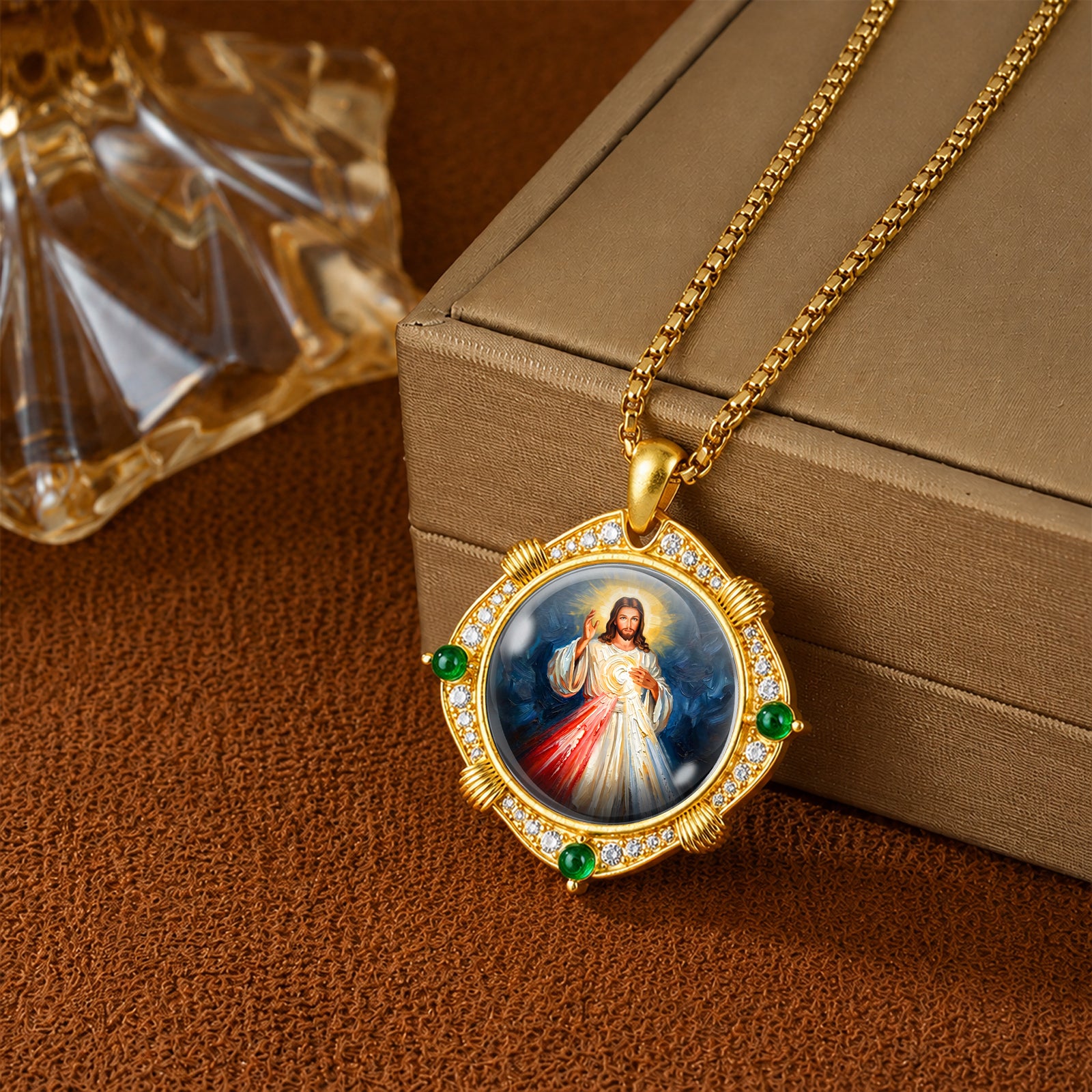 Divine Mercy Jesus Necklace, 18K Gold Plated Enamel Pendant, Zircon Accents Catholic Jewelry