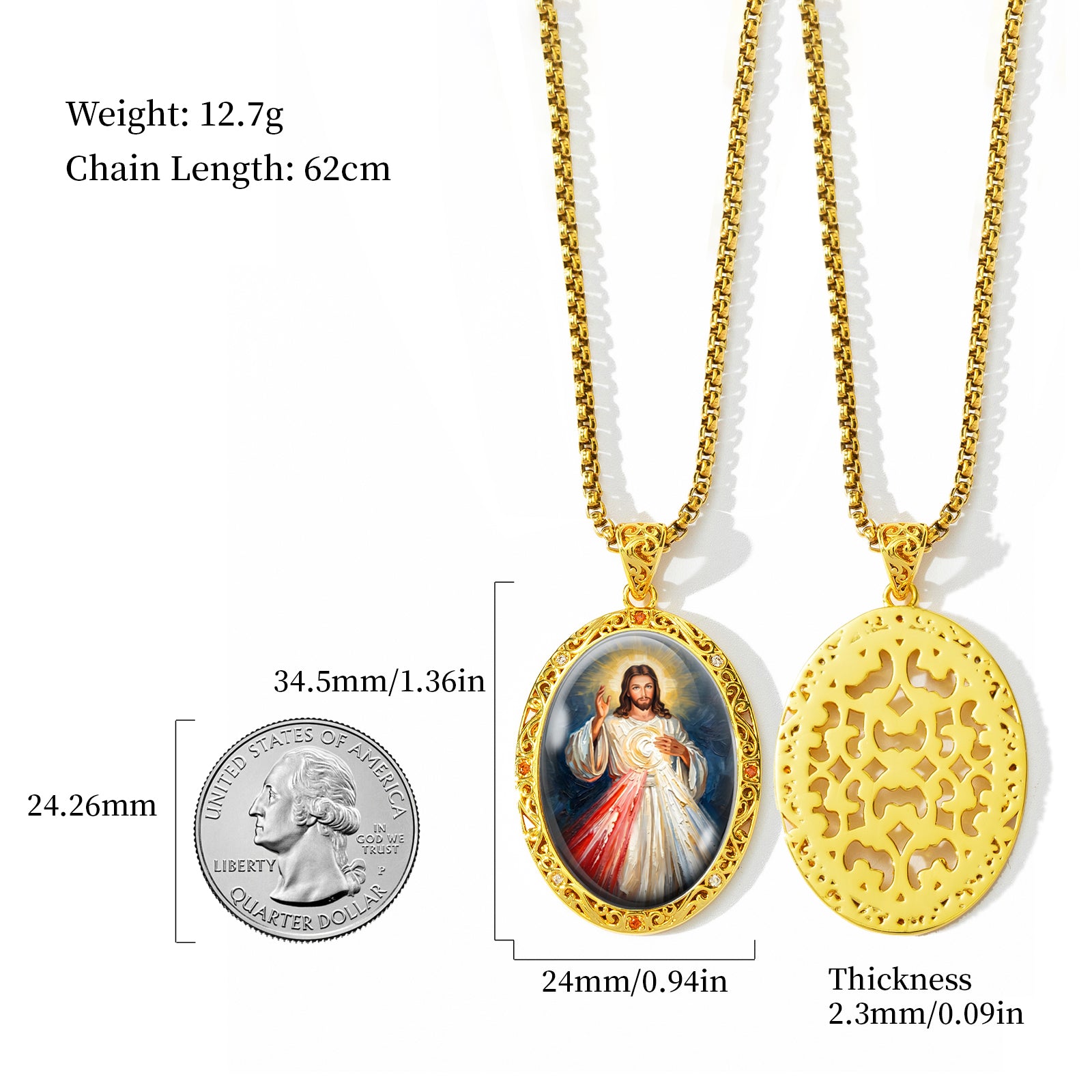 Divine Mercy Jesus Necklace, 18K Gold Plated Enamel Pendant, Zircon Accents Catholic Jewelry