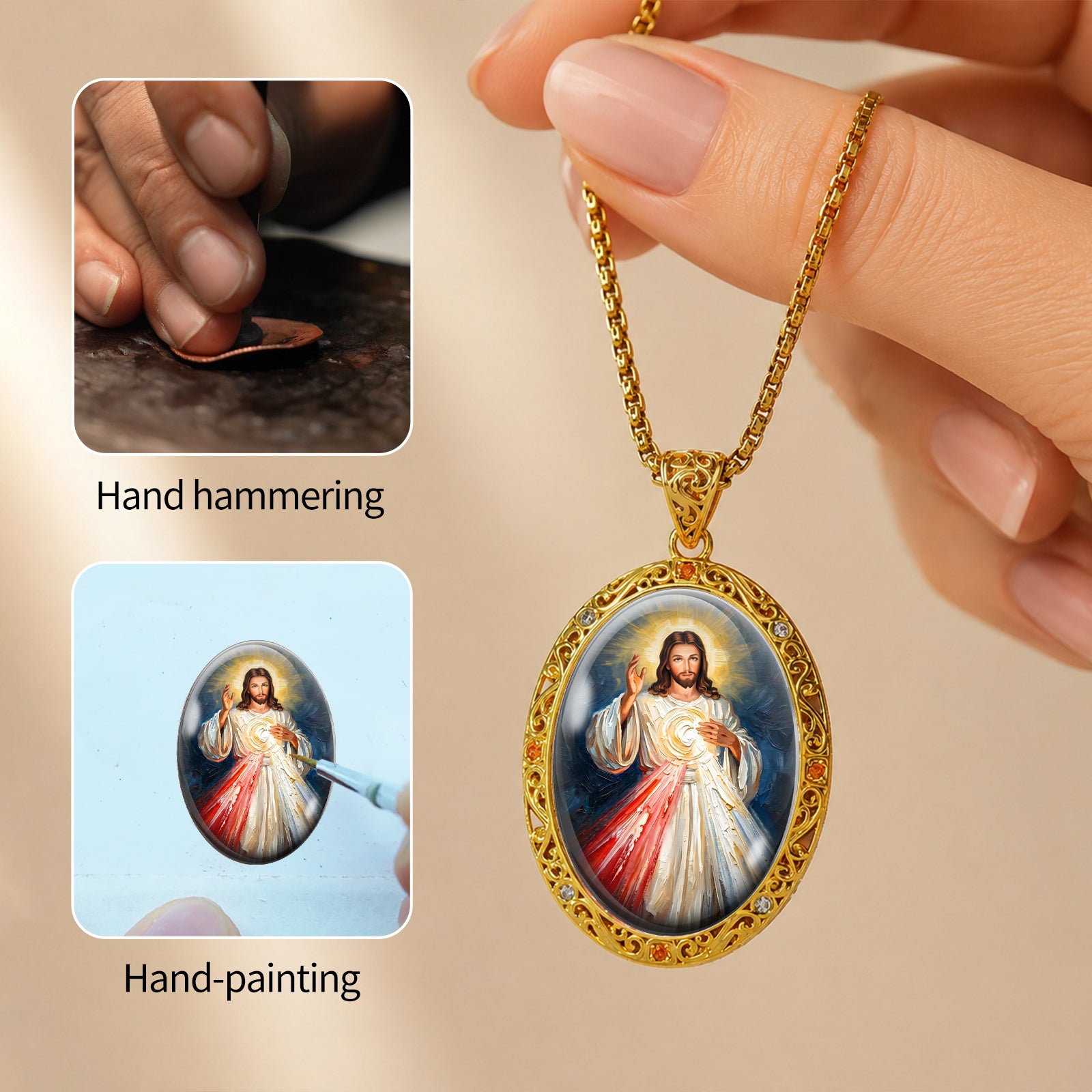 Divine Mercy Jesus Necklace, 18K Gold Plated Enamel Pendant, Zircon Accents Catholic Jewelry