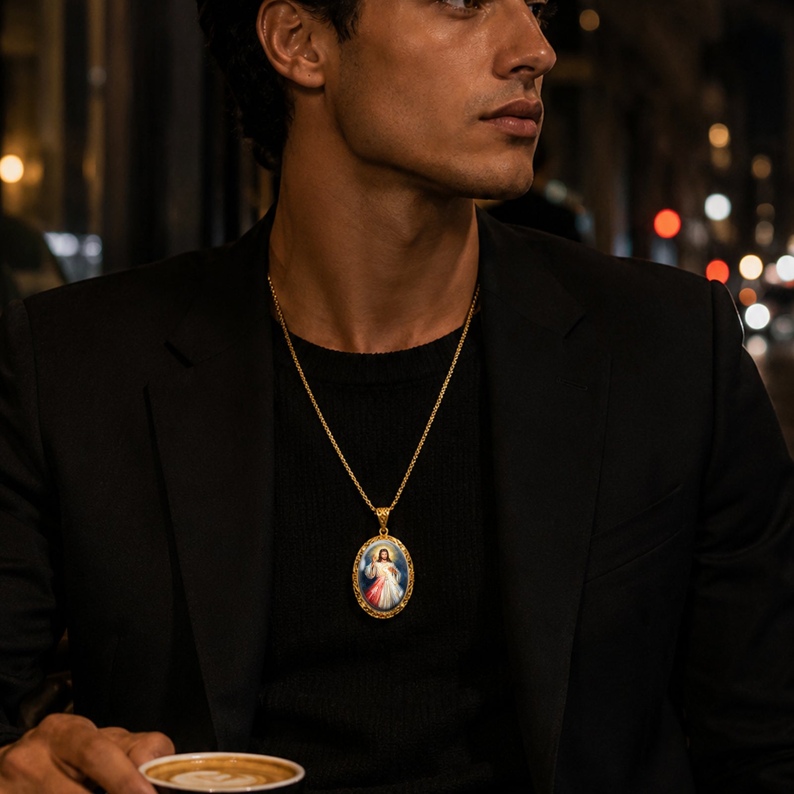 Divine Mercy Jesus Necklace, 18K Gold Plated Enamel Pendant, Zircon Accents Catholic Jewelry