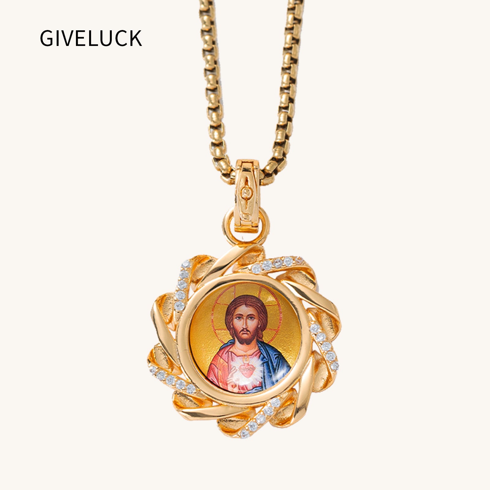 18k Plated Gold Pendant Necklace Enamel Eternal Grace Jesus Christ Devotional Medal for Men and Women