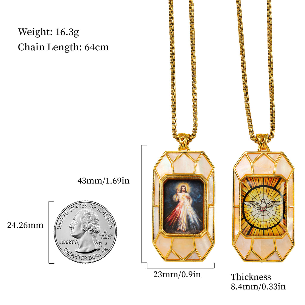 Divine Mercy Jesus Pendant Necklace, 18K Gold Plated, Turquoise or Mother of Pearl Inlay