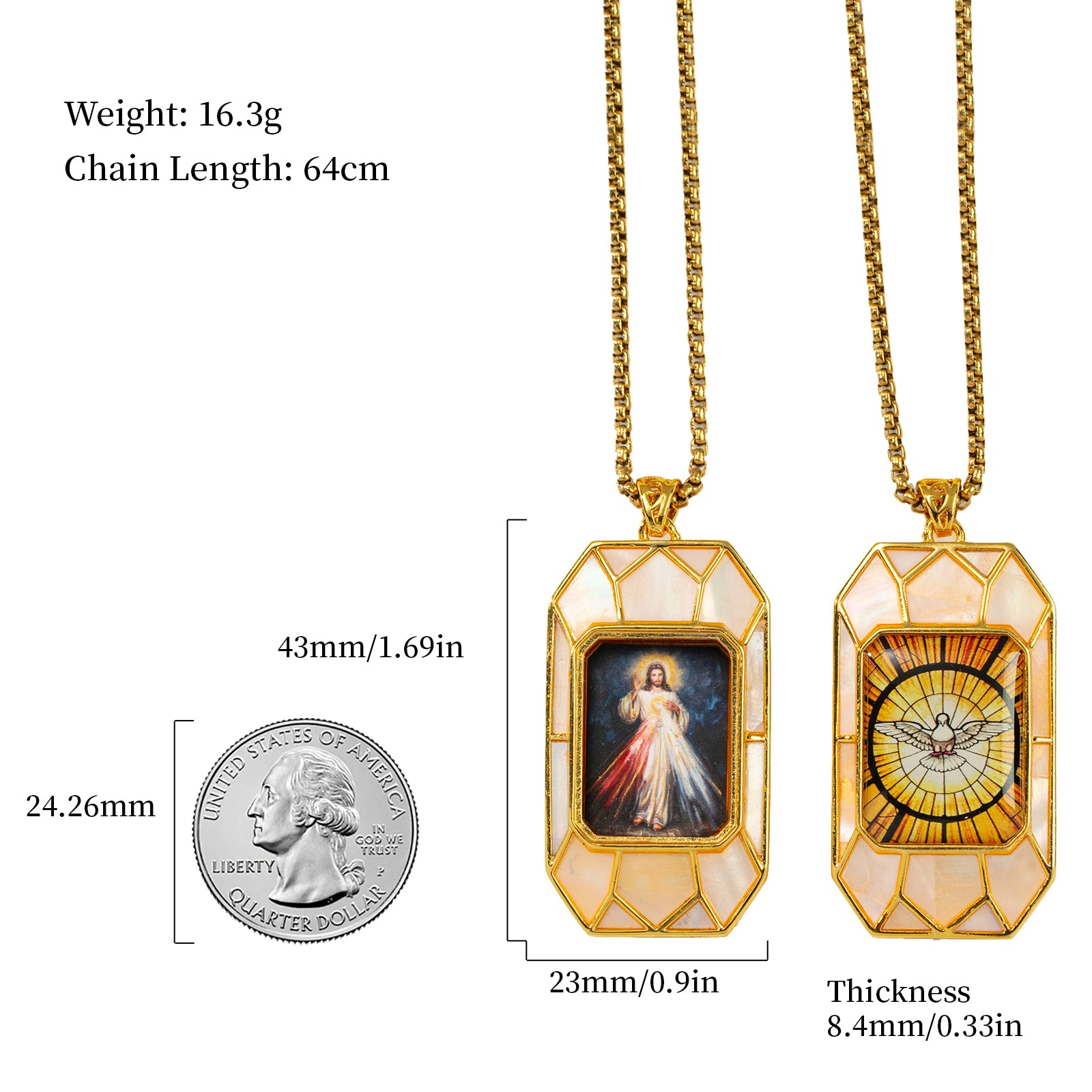 Divine Mercy Jesus Pendant Necklace, 18K Gold Plated, Turquoise or Mother of Pearl Inlay