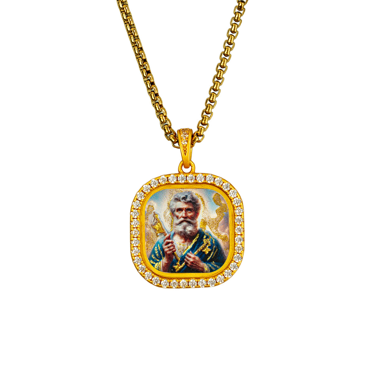 GIVELUCK 18k Plated Gold Zircon Pendant Necklace Cameo Embossing Catholic Medal Saint Peter Devotional Medal Protection Medal（S）