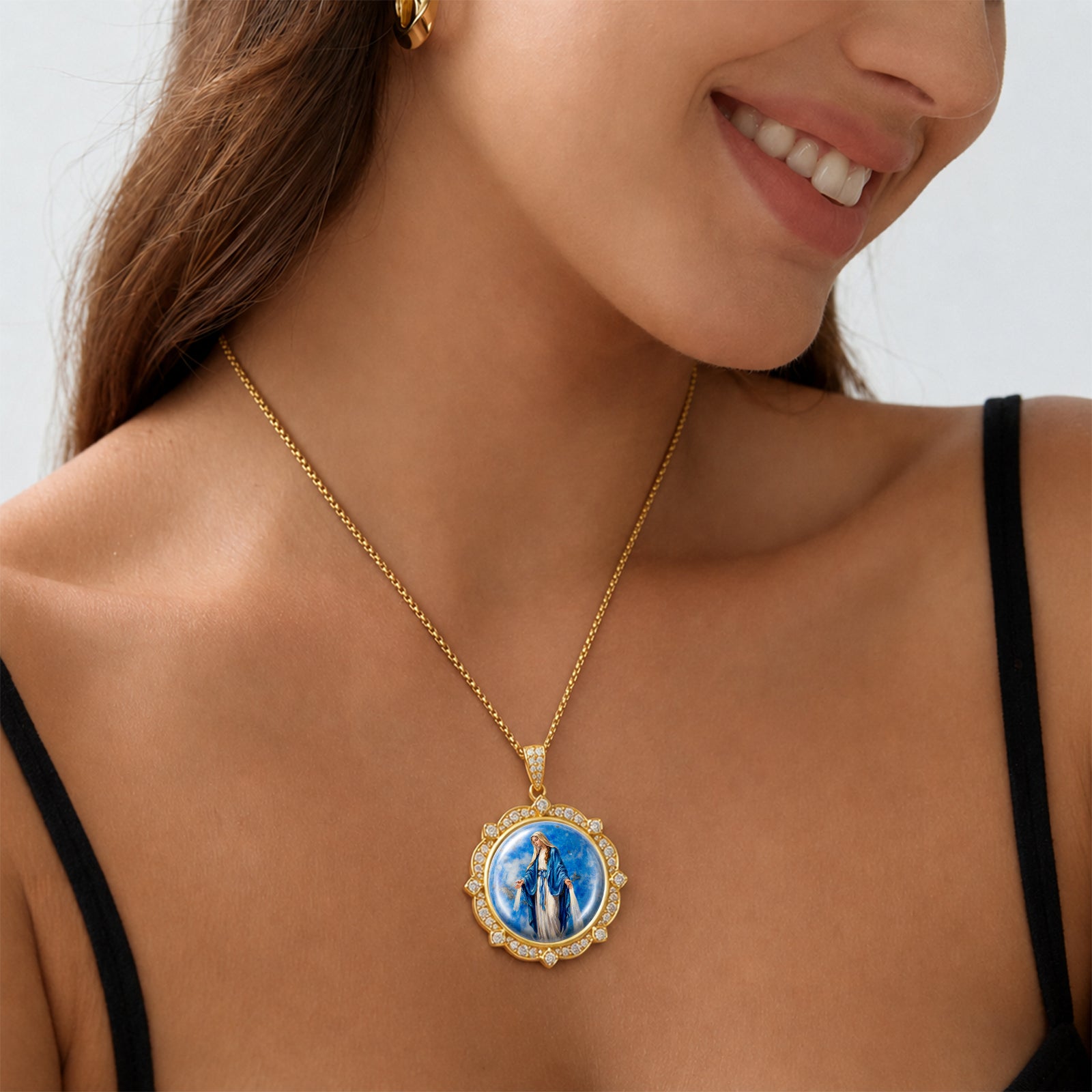 Miraculous Medal Necklace, Lapis Lazuli Pendant, 18K Gold Plated Catholic Jewelry (Round or Oval)