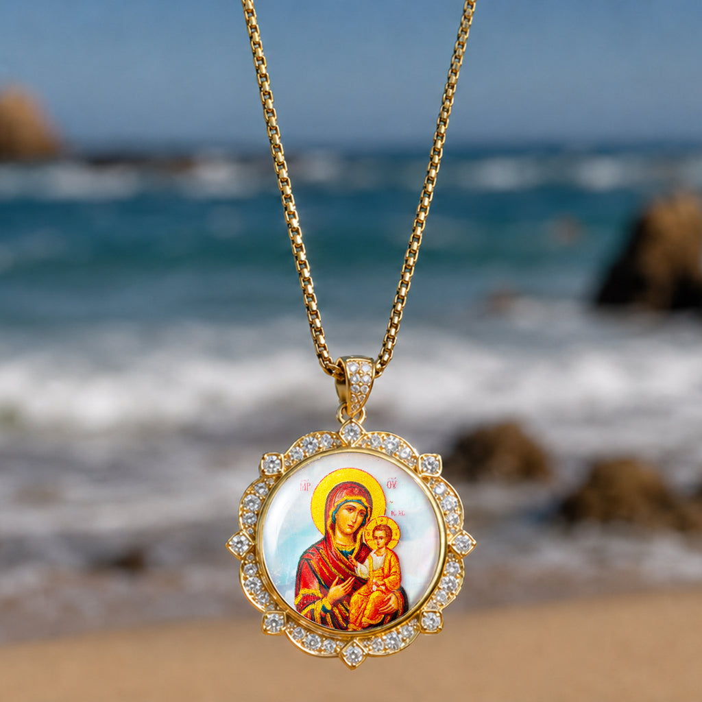 Theotokos of Kazan Mother of Pearl Oval Pendant Necklace, Orthodox Christian Icon Jewelry