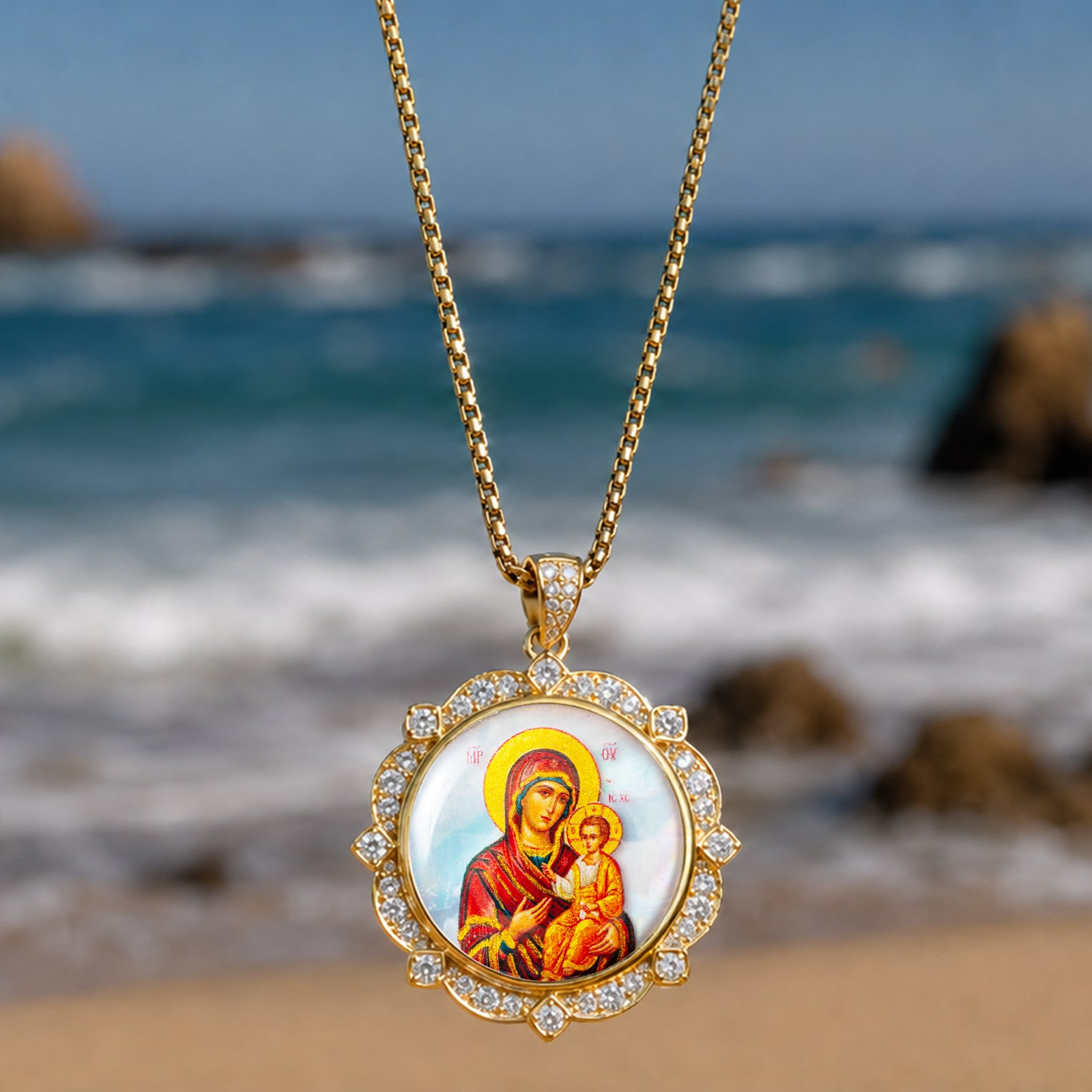 Theotokos of Kazan Mother of Pearl Oval Pendant Necklace, Orthodox Christian Icon Jewelry