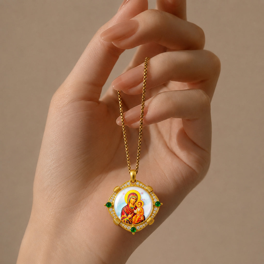Theotokos of Kazan Mother of Pearl Oval Pendant Necklace, Orthodox Christian Icon Jewelry