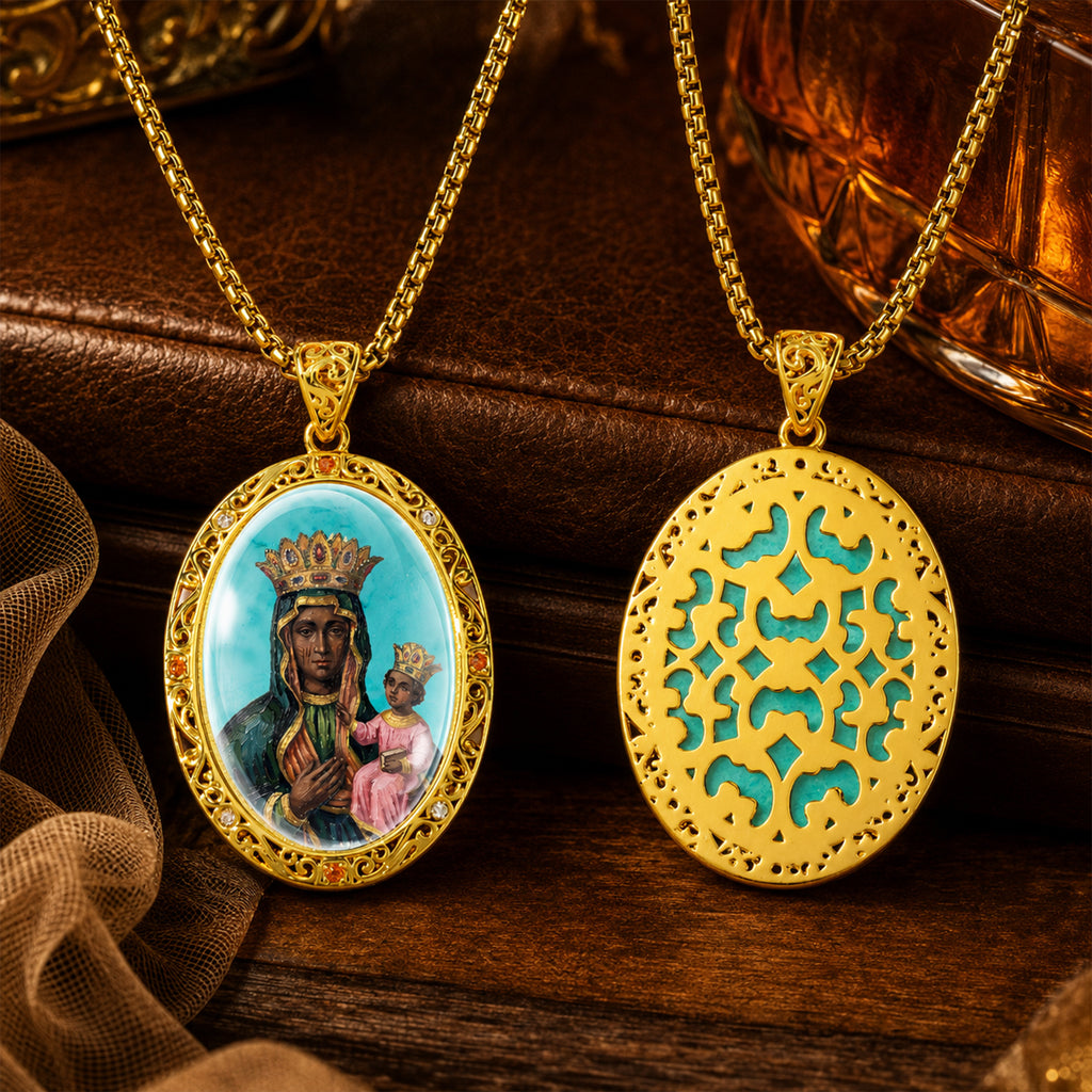 GIVELUCK Black Madonna Necklace for Men & Women, 18K Gold Plated Turquoise Black Madonna Pendant with Zircon, Catholic Protection Jewelry Gift