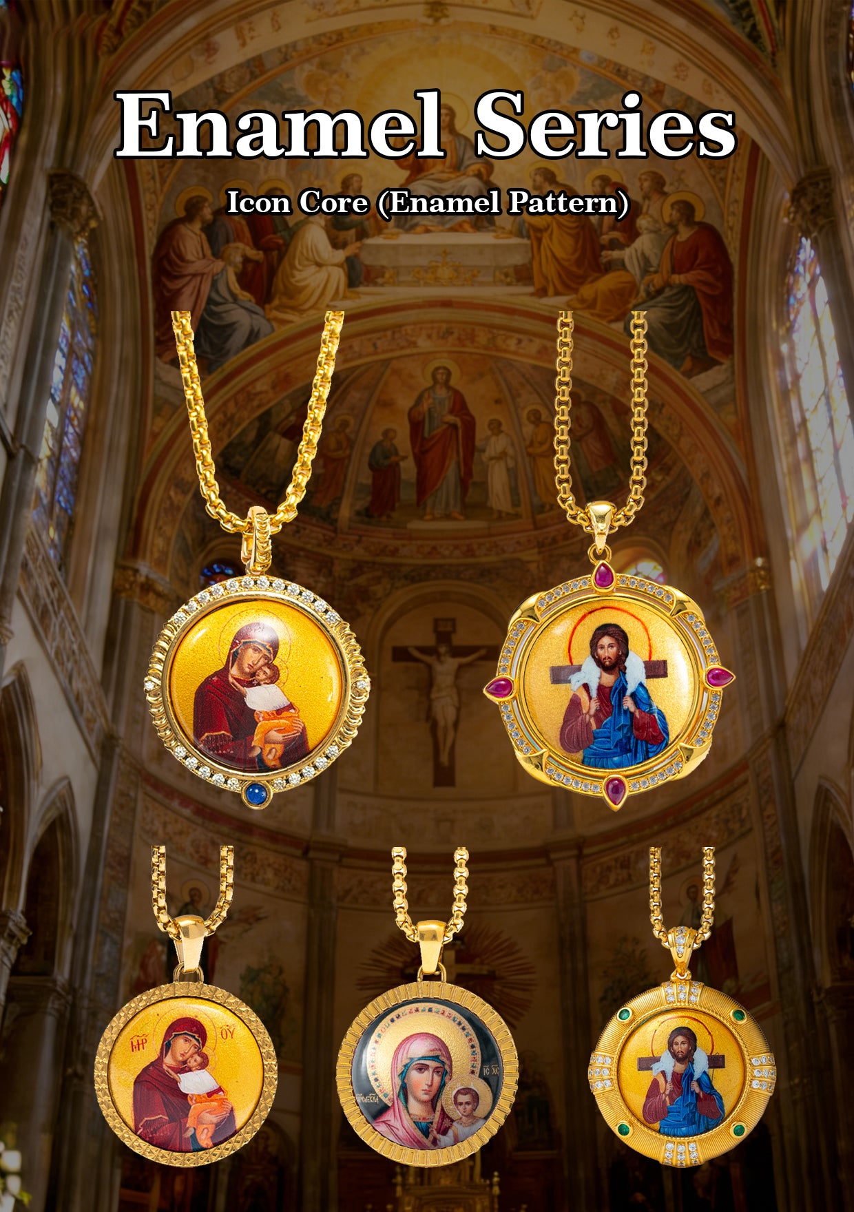 GIVELUCK 18k Plated Gold Pendant Necklace Enamel the Good Shepherd Jesus Christ Ruby Devotional Medal for Men and Women