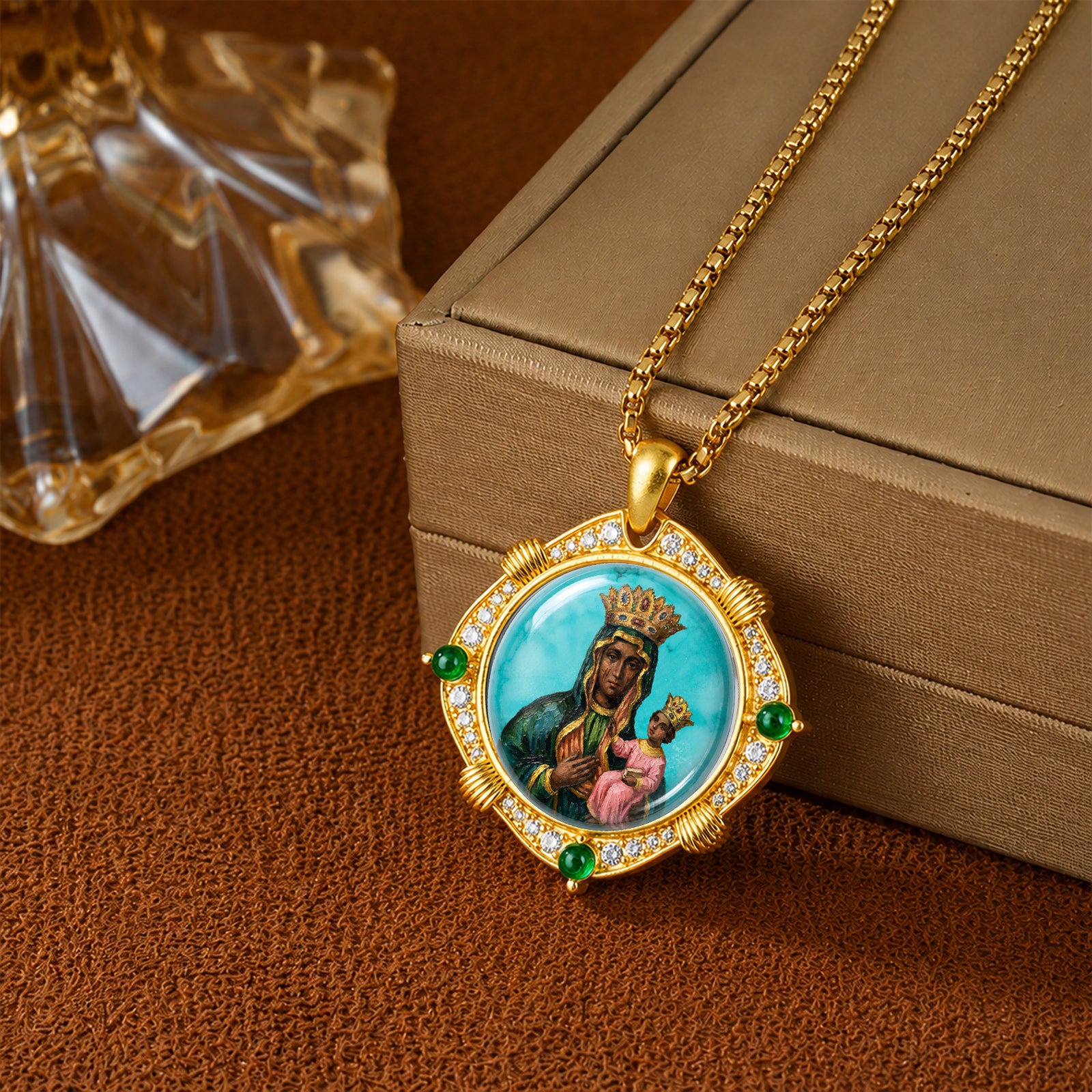 GIVELUCK Black Madonna Necklace for Men & Women, 18K Gold Plated Turquoise Black Madonna Pendant with Zircon, Catholic Protection Jewelry Gift