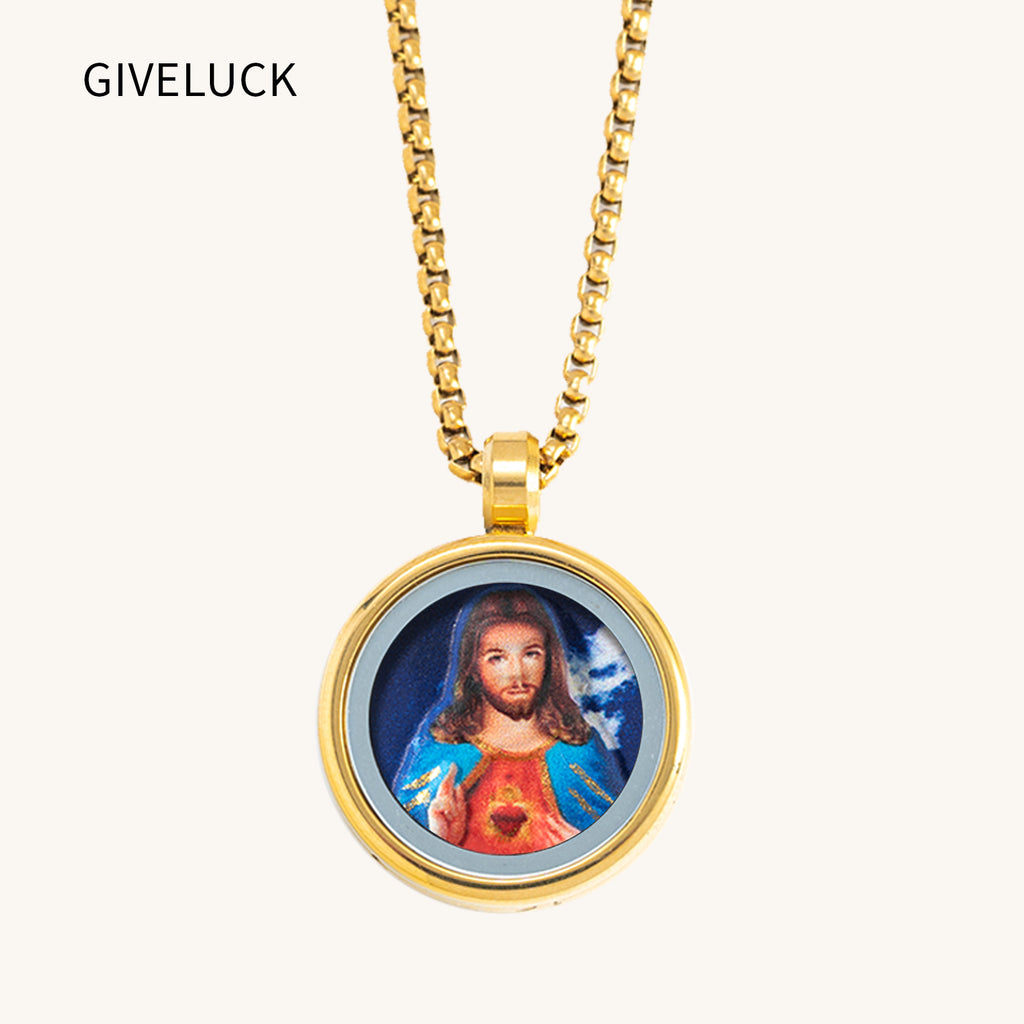 GIVELUCK 18k Plated Gold Catholic Pendant Necklace for Men and Women Cameo Embossing Jesus Christ Devotional Medal