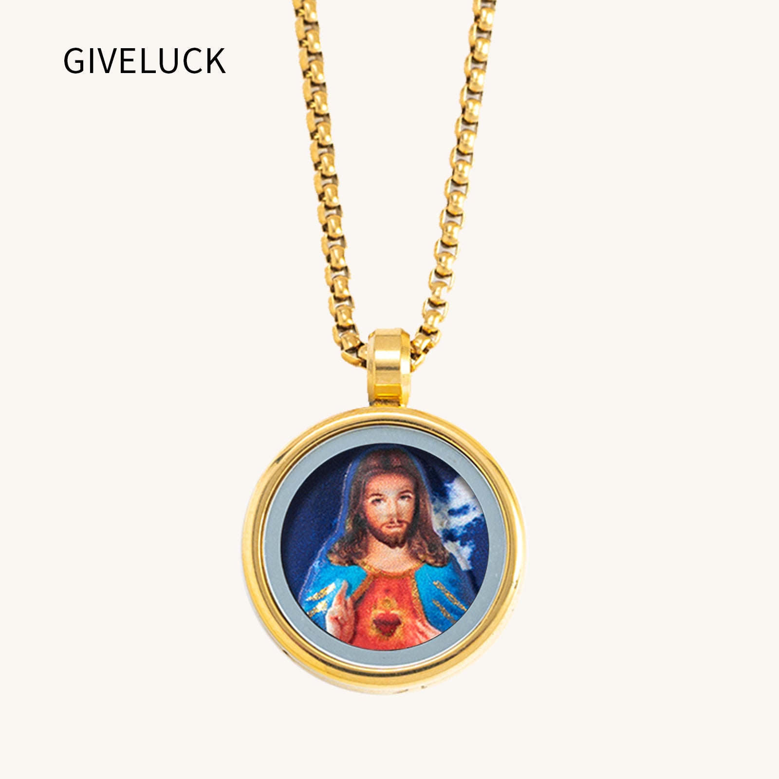 GIVELUCK 18k Plated Gold Catholic Pendant Necklace for Men and Women Cameo Embossing Jesus Christ Devotional Medal