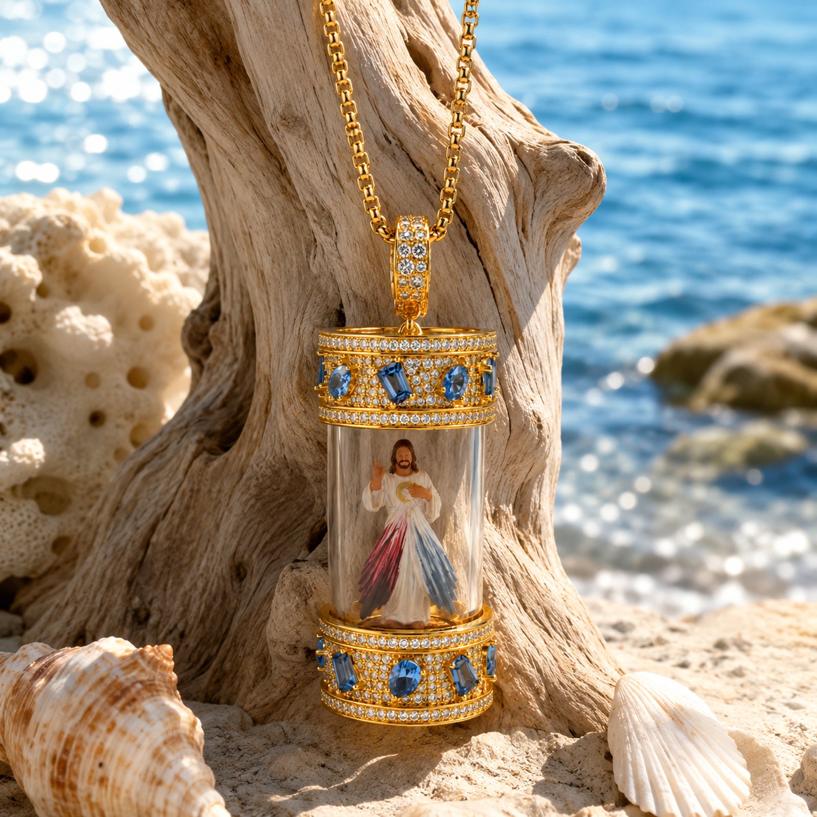 Divine Mercy Jesus Necklace, 18K Gold Plated Hand Painted Icon Pendant, Catholic Jewelry