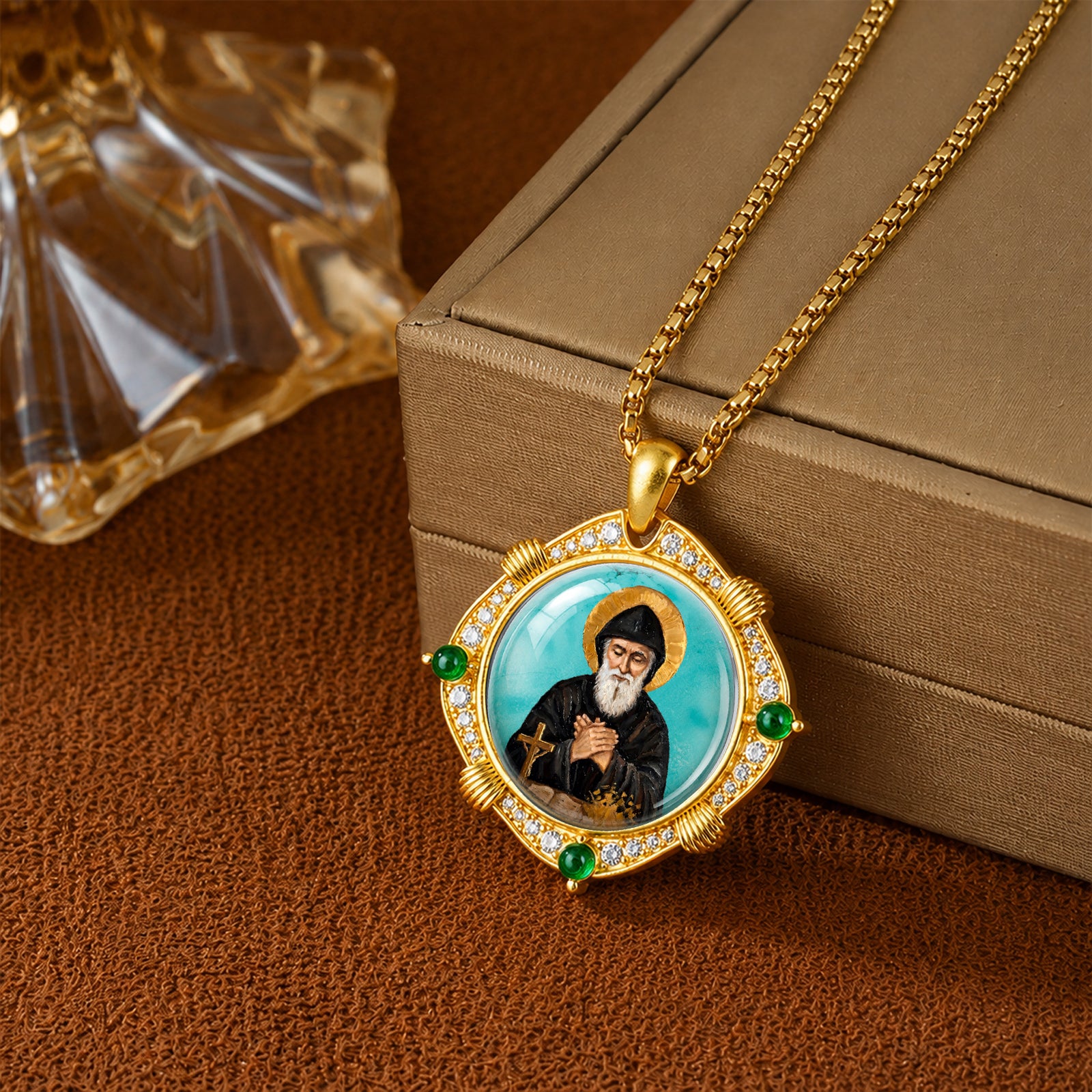 GIVELUCK St. Charbel Necklace for Men & Women, 18K Gold Plated Turquoise St. Charbel Pendant with Zircon, Catholic Protection Jewelry Gift