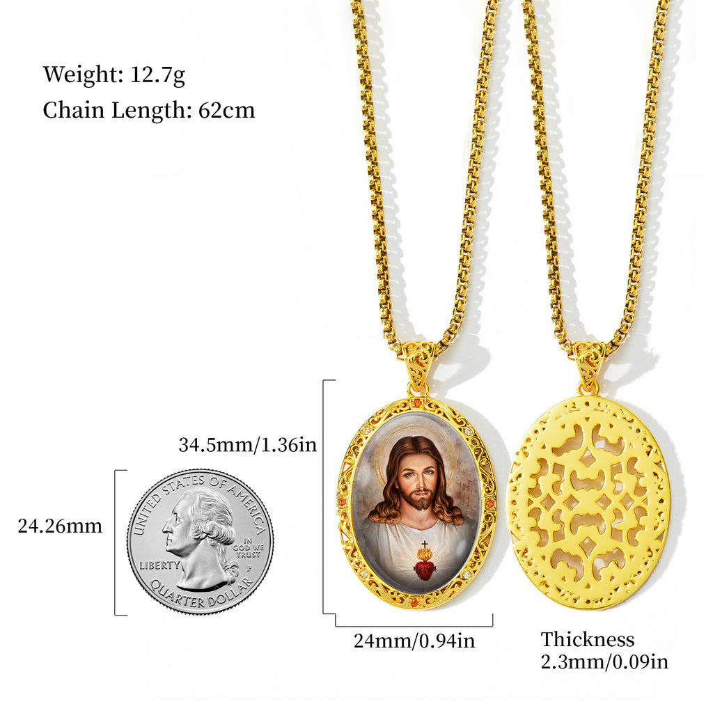 18K Gold Plated Sacred Heart Jesus Pendant Necklace, Enamel Catholic Jewelry with Zircon Accents