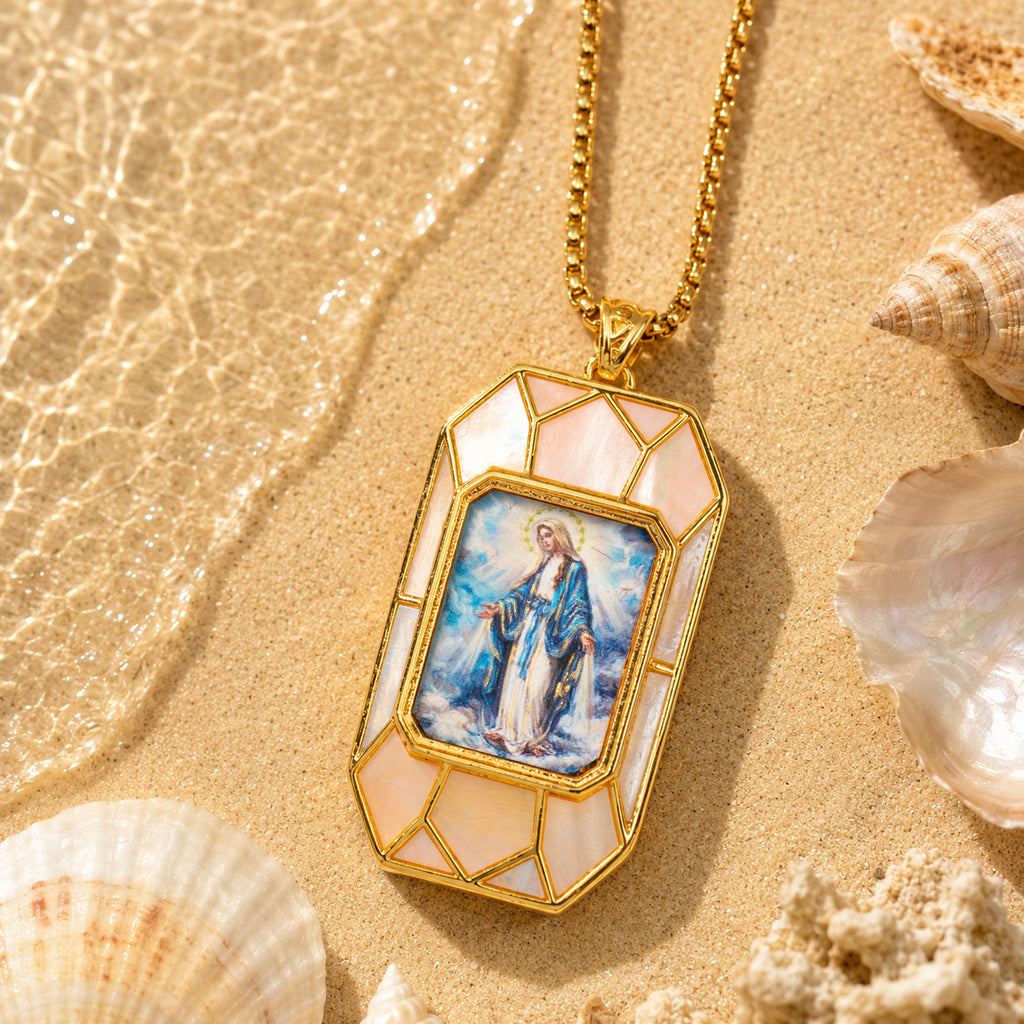 Miraculous Medal Necklace, Hand-Painted Virgin Mary Pendant, 18K Gold Plated, Turquoise Inlay