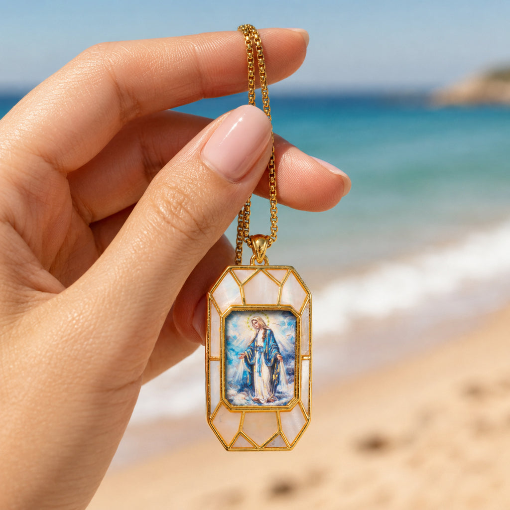Miraculous Medal Necklace, Hand-Painted Virgin Mary Pendant, 18K Gold Plated, Turquoise Inlay
