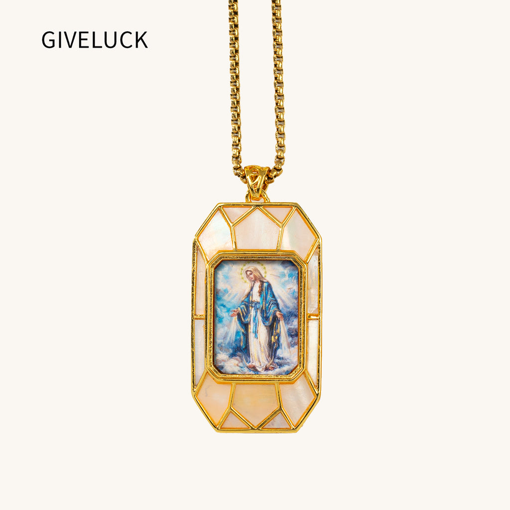 Miraculous Medal Necklace, Hand-Painted Virgin Mary Pendant, 18K Gold Plated, Turquoise Inlay