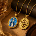 Miraculous Medal Necklace, Lapis Lazuli Pendant, 18K Gold Plated Catholic Jewelry (Round or Oval)