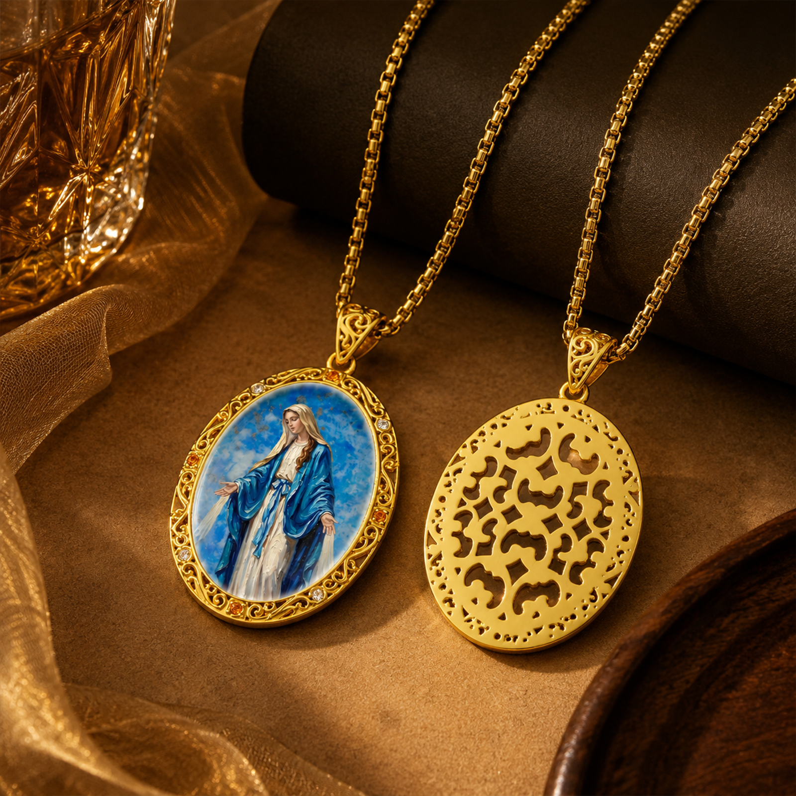 Miraculous Medal Necklace, Lapis Lazuli Pendant, 18K Gold Plated Catholic Jewelry (Round or Oval)