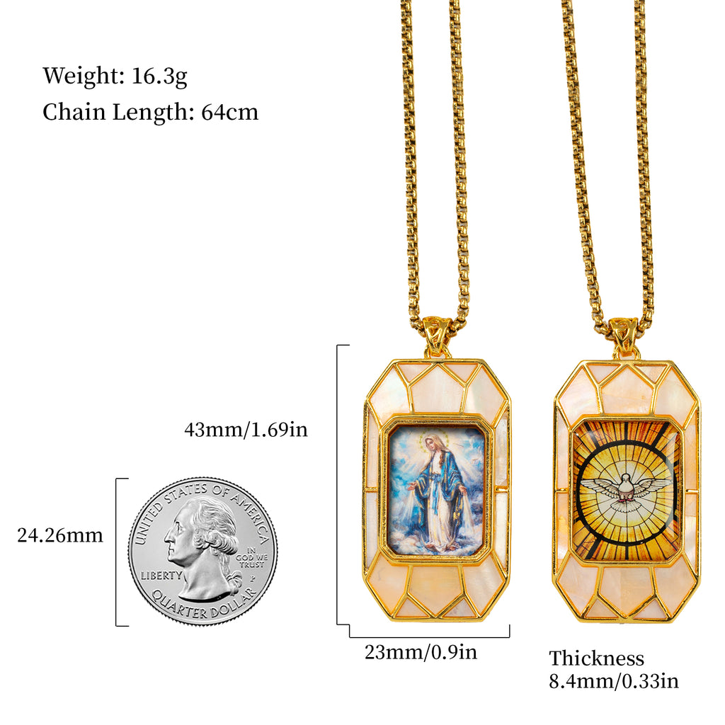 Miraculous Medal Necklace, Hand-Painted Virgin Mary Pendant, 18K Gold Plated, Turquoise Inlay