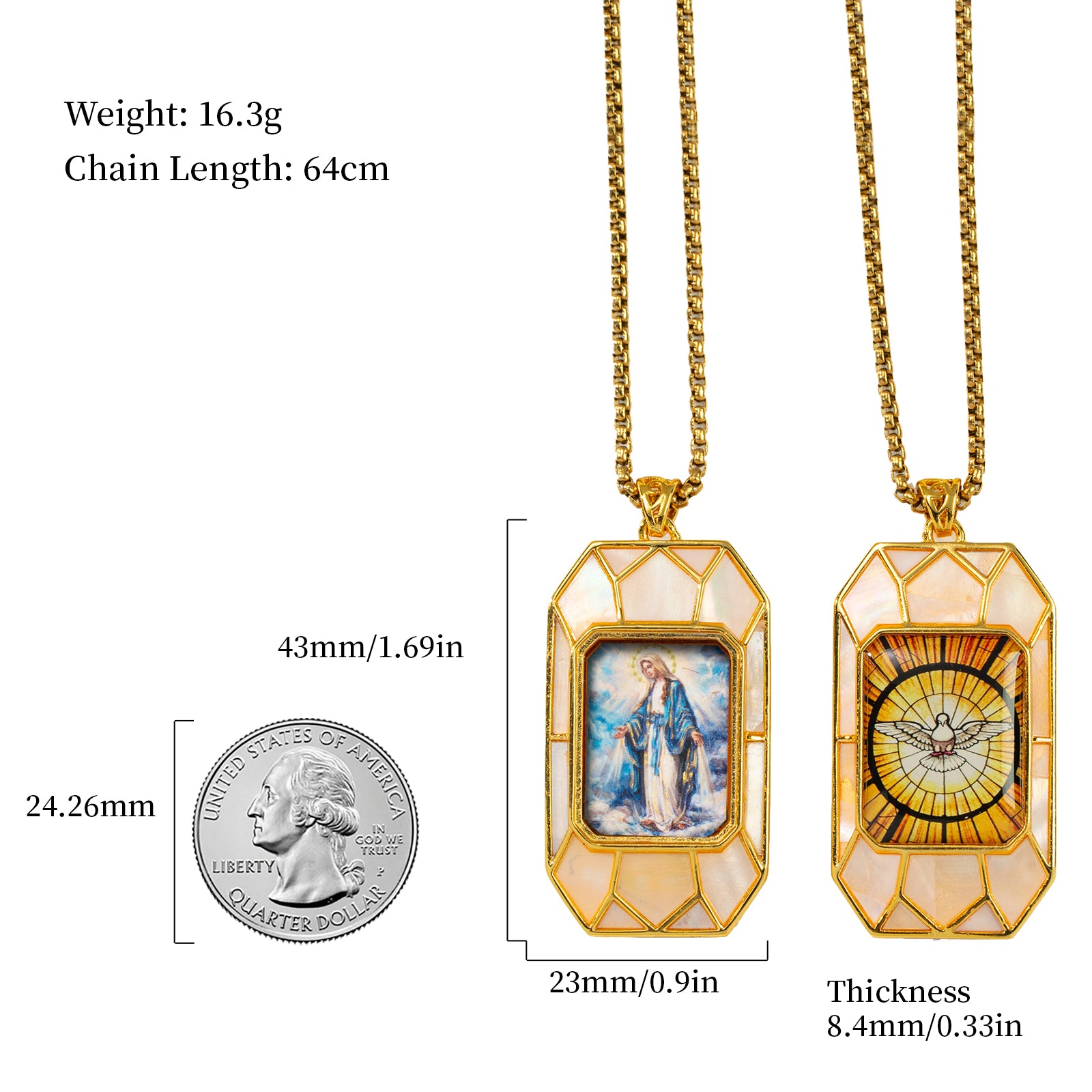 Miraculous Medal Necklace, Hand-Painted Virgin Mary Pendant, 18K Gold Plated, Turquoise Inlay