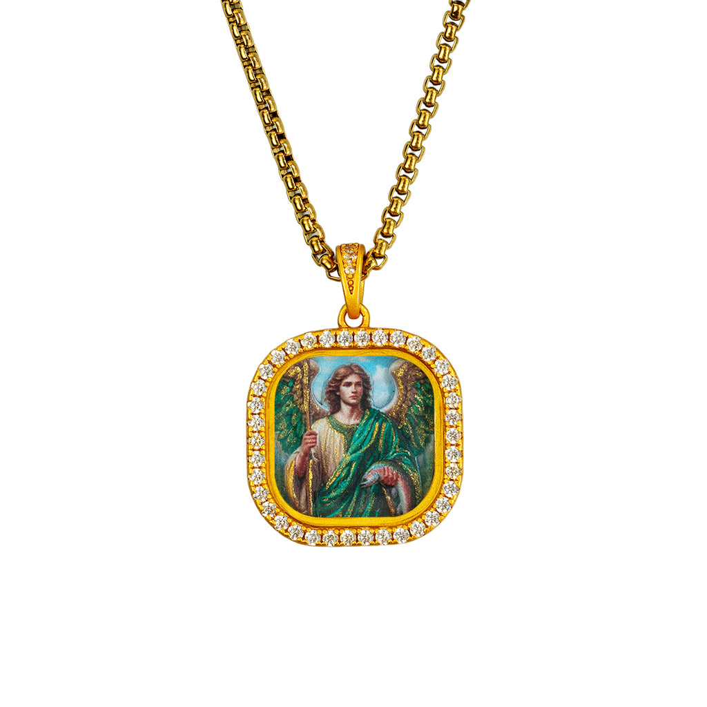 GIVELUCK 18k Plated Gold Zircon Pendant Necklace Cameo Embossing Catholic Medal Saint Raphael Protection Medal Necklace for Men and Women（S）