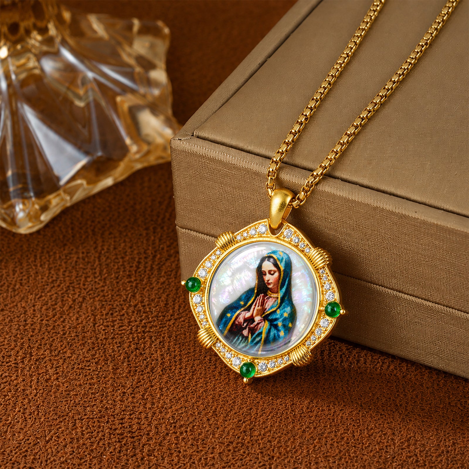 GIVELUCK Our Lady of Guadalupe Virgin Mary Miraculous Medal Necklace for Men & Women, 18K Gold Plated Mother of Pearl Saint Christopher Pendant with Zircon, Catholic Protection Jewelry Gift