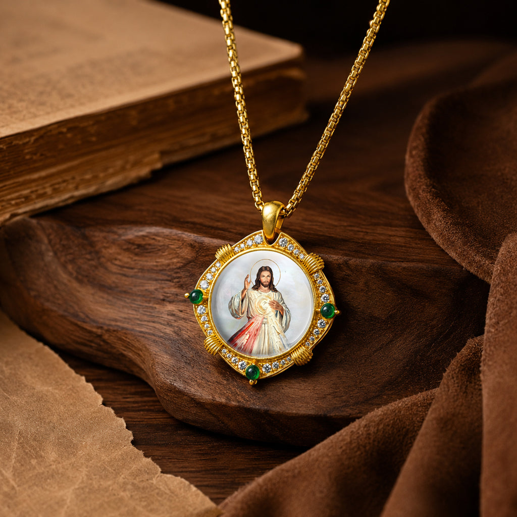 GIVELUCK Divine Mercy Jesus Christ Necklace for Men & Women, 18K Gold Plated Mother of Pearl Divine Mercy Jesus Christ Pendant with Zircon, Catholic Protection Jewelry Gift