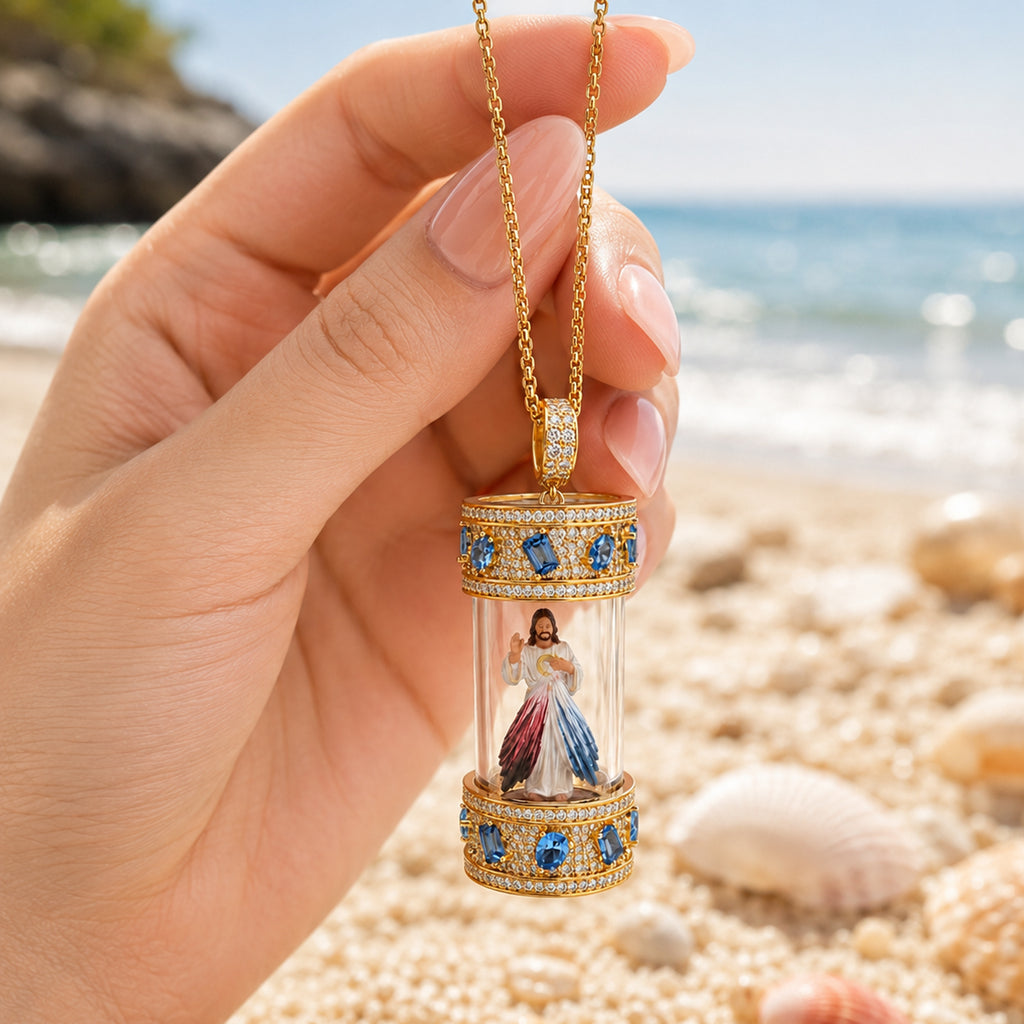 Divine Mercy Jesus Necklace, 18K Gold Plated Hand Painted Icon Pendant, Catholic Jewelry