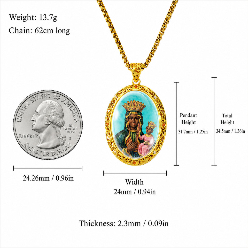 GIVELUCK Black Madonna Necklace for Men & Women, 18K Gold Plated Turquoise Black Madonna Pendant with Zircon, Catholic Protection Jewelry Gift