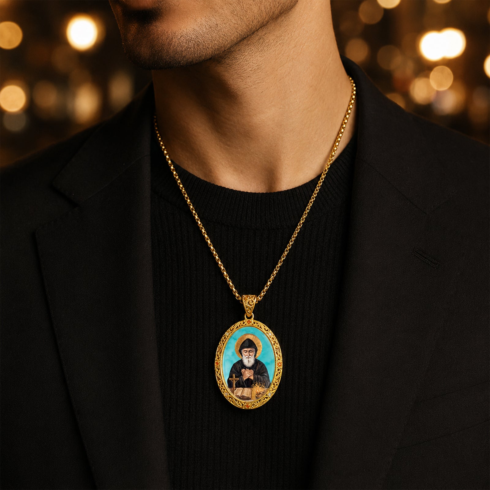 GIVELUCK St. Charbel Necklace for Men & Women, 18K Gold Plated Turquoise St. Charbel Pendant with Zircon, Catholic Protection Jewelry Gift