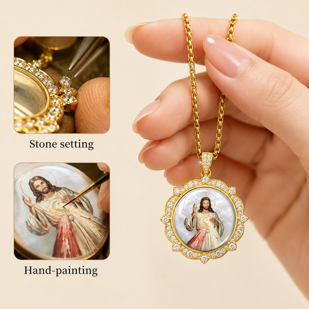 GIVELUCK Divine Mercy Jesus Christ Necklace for Men & Women, 18K Gold Plated Mother of Pearl Divine Mercy Jesus Christ Pendant with Zircon, Catholic Protection Jewelry Gift