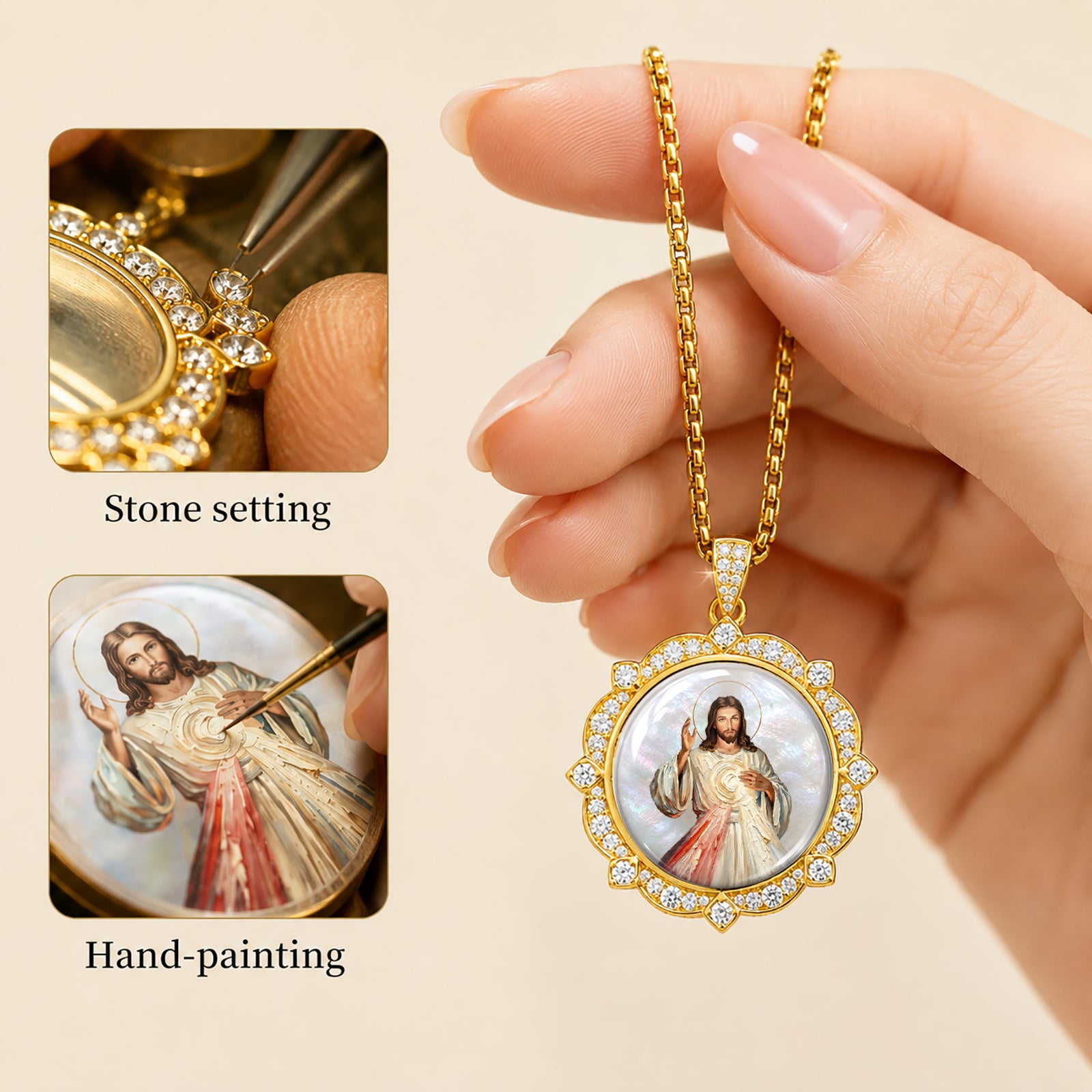 GIVELUCK Divine Mercy Jesus Christ Necklace for Men & Women, 18K Gold Plated Mother of Pearl Divine Mercy Jesus Christ Pendant with Zircon, Catholic Protection Jewelry Gift