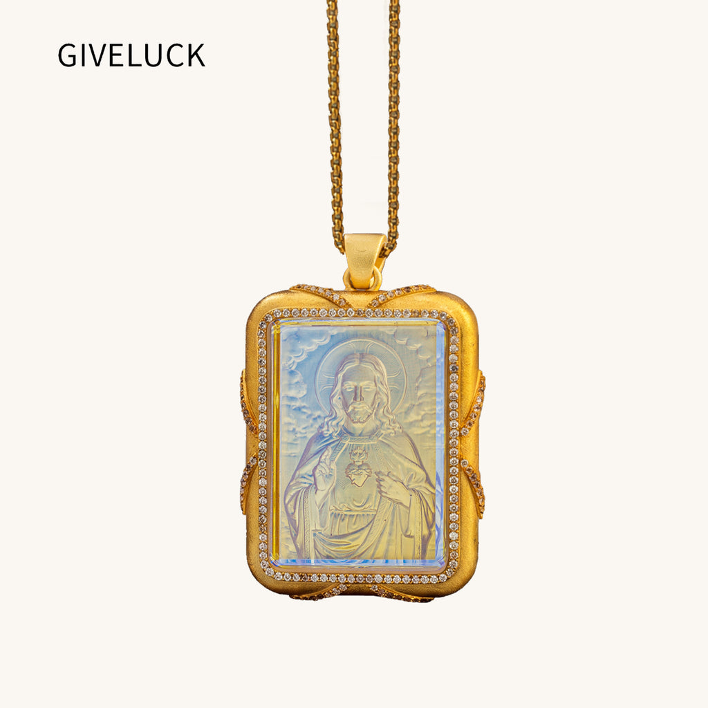 Sacred Heart Jesus Necklace, 18K Gold Plated Intaglio Carved Pendant, Catholic Religious Jewelry