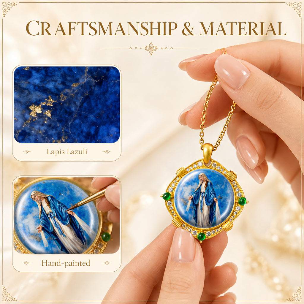 Miraculous Medal Necklace, Lapis Lazuli Pendant, 18K Gold Plated Catholic Jewelry (Round or Oval)